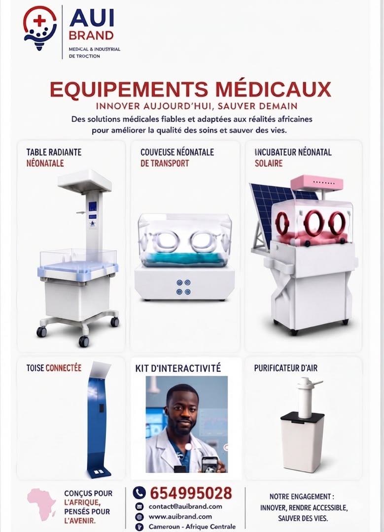Gamme d'équipements médicaux AUI BRAND : table radiante, couveuse de transport, incubateur solaire, toise connectée, kit d'interactivité, purificateur d'air
